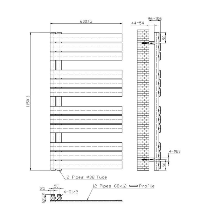 Calorifer, Radiator portprosop din otel, Negru Mat, Dimensiune: 115x60 cm, Nasim