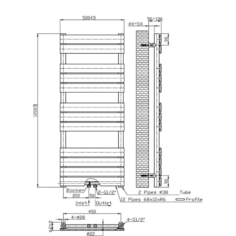 Calorifer, radiator Portprosop din otel, Negru Mat, Dimensiune: 120-140-160x50 cm, Nadir