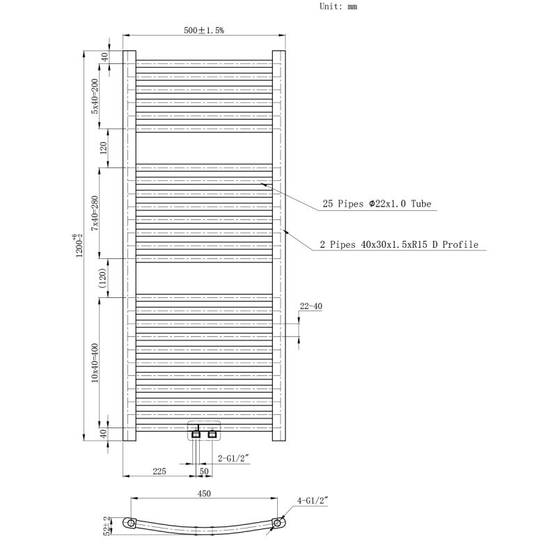 Calorifer, radiator Portprosop din otel,120-150-180x50 cm, Antracit, Design Curbat, Terma