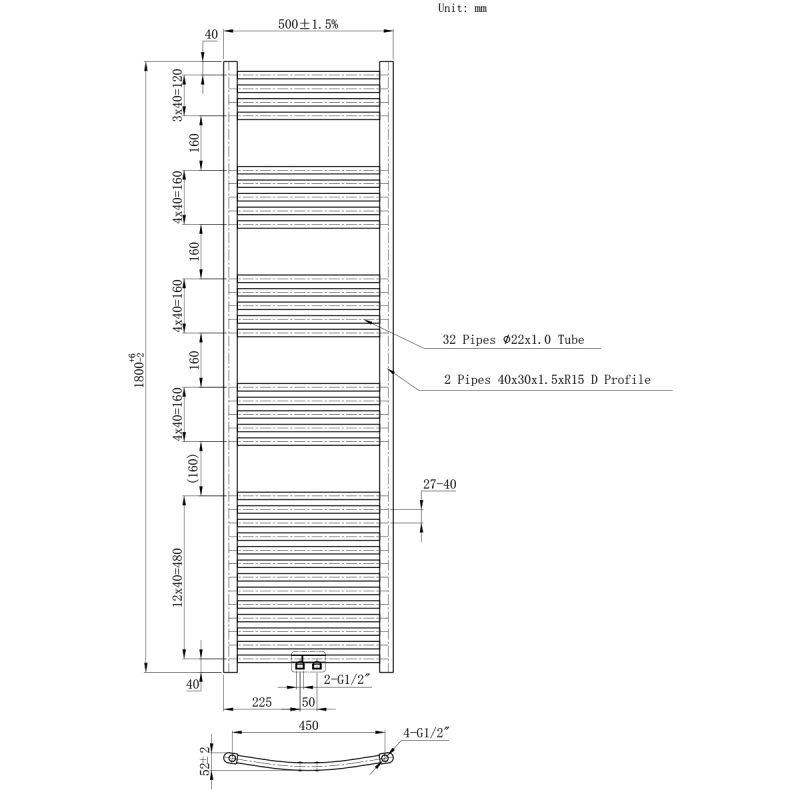 Calorifer, radiator Portprosop din otel,120-150-180x50 cm, Antracit, Design Curbat, Terma