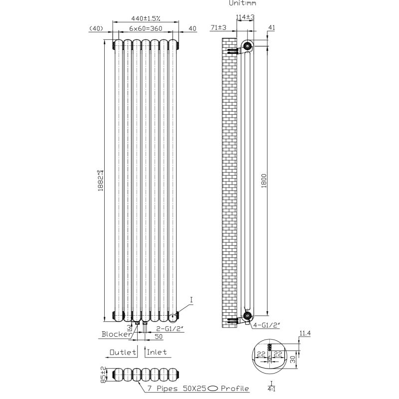 Calorifer vertical din otel, 188x44 cm, 2960 W, 7 elementi, Alb, Eleganza