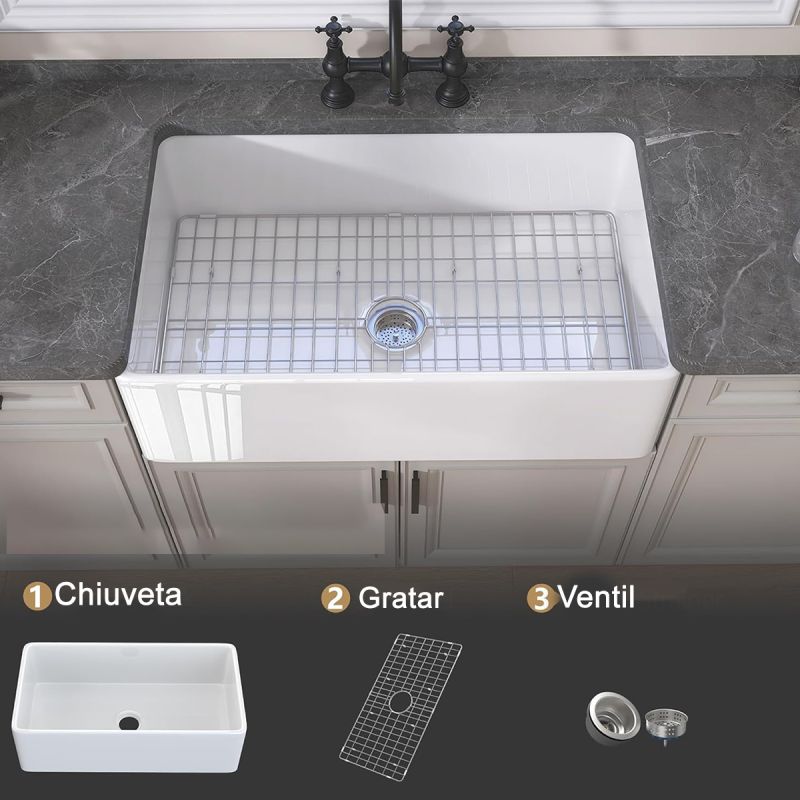 Chiuveta bucatarie, apron front, aparent, stil farmhouse, ceramica, 61x45 cm, alb, Etna
