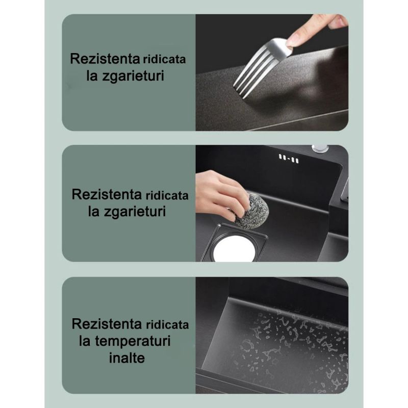 Chiuveta de bucatarie, statie de lucru, Spalator Pahare, Suport Cutite, Vas colectare apa, Gun Black, 85x50 cm, Nico