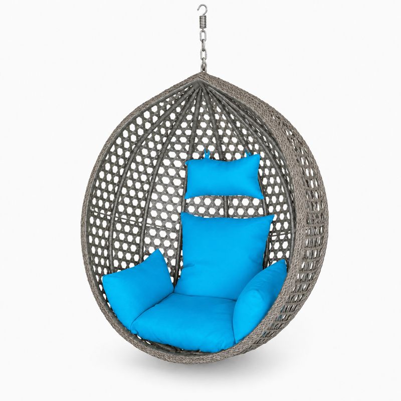 Cos, fotoliu suspendat, gradina, terasa, curte, living, ratan sintetic, Gri, cu perne albastre si lant inclus, 109 x 65 x 113 cm
