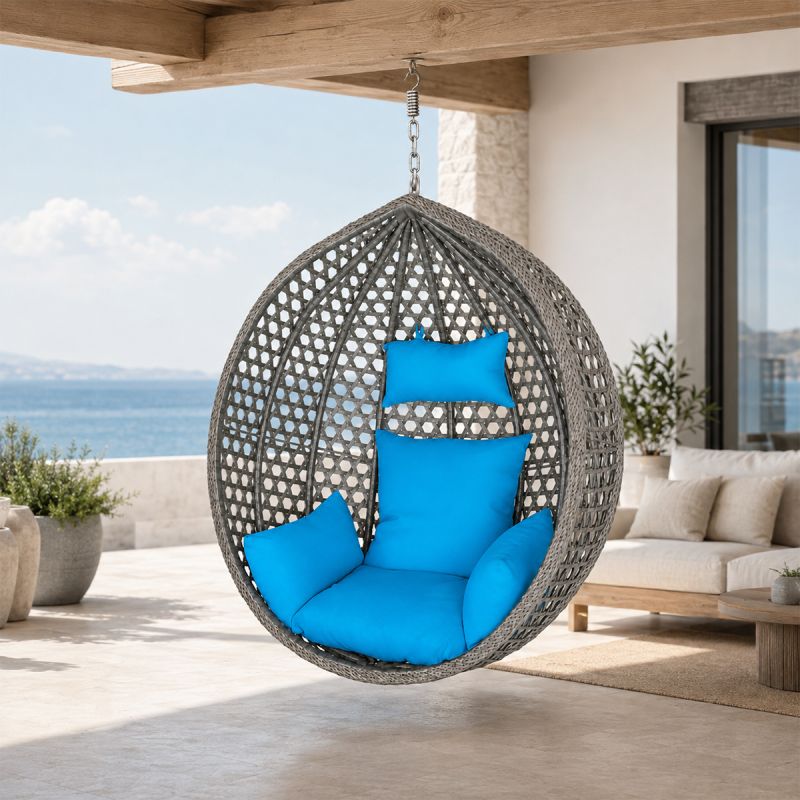 Cos, fotoliu suspendat, gradina, terasa, curte, living, ratan sintetic, Gri, cu perne albastre si lant inclus, 109 x 65 x 113 cm