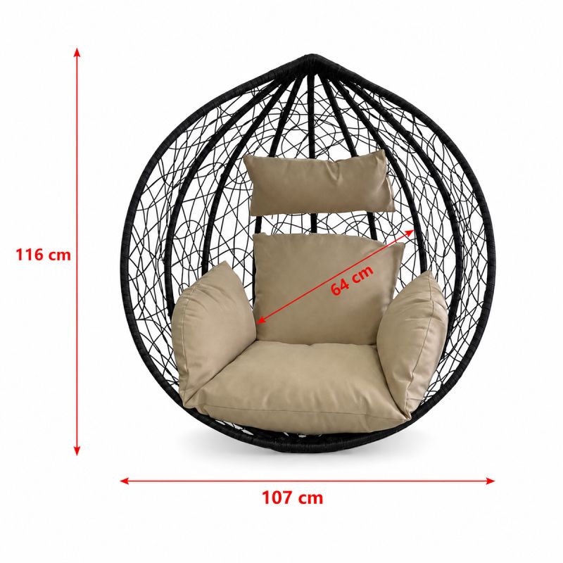 Cos, fotoliu suspendat, gradina, terasa, curte, living, ratan sintetic, Negru, cu perne Bej si lant inclus, 107x64x116 cm