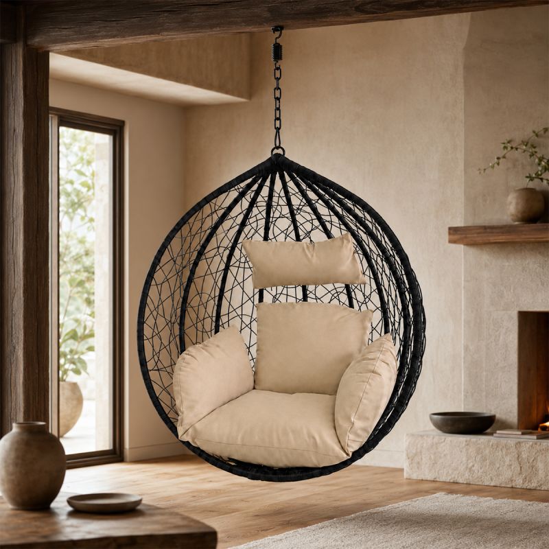 Cos, fotoliu suspendat, gradina, terasa, curte, living, ratan sintetic, Negru, cu perne Bej si lant inclus, 107x64x116 cm