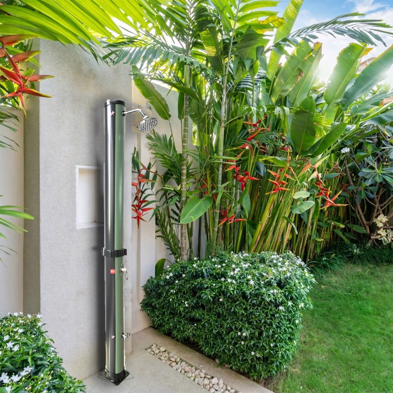 Dus solar, 38 Litri, gradina si piscina, dus pentru picioare, dus tip ploaie 15 cm, Negru si Verde, Valencia