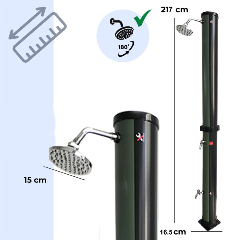 Dus solar, 38 Litri, gradina si piscina, dus pentru picioare, dus tip ploaie 15 cm, Negru si Verde, Valencia