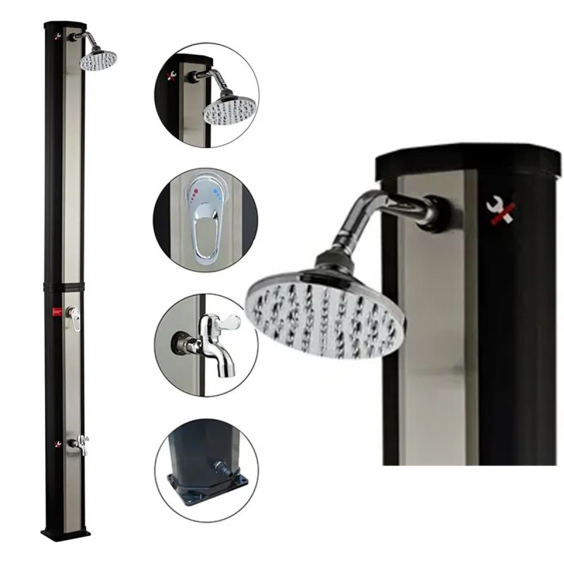 Dus solar de 35 Litri, pentru gradina si piscina, robinet pentru picioare, dus tip ploaie, PVC+ABS, Negru Nichel Mat, Cadiz