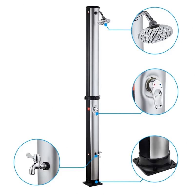 Dus solar de 35 Litri, pentru gradina si piscina, robinet pentru picioare, dus tip ploaie, PVC+ABS, Negru Nichel Mat, Cadiz