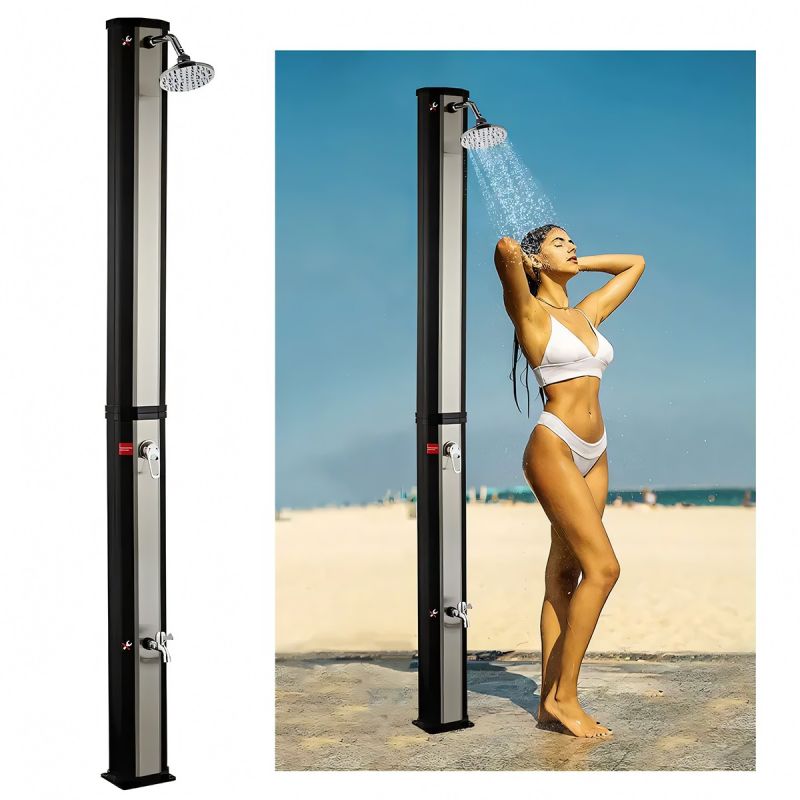 Dus solar de 35 Litri, pentru gradina si piscina, robinet pentru picioare, dus tip ploaie, PVC+ABS, Negru Nichel Mat, Cadiz