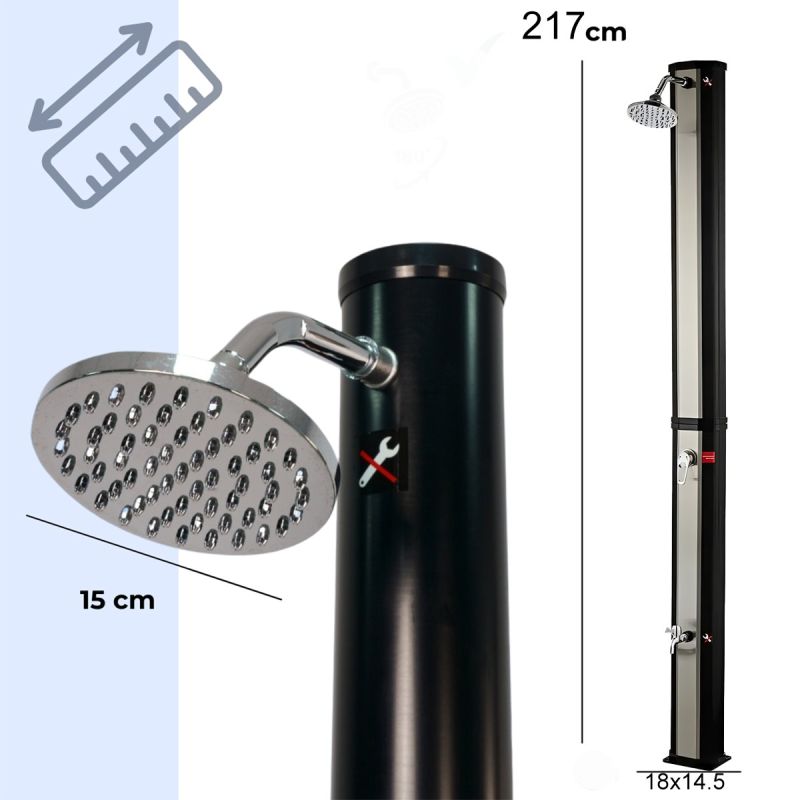 Dus solar de 35 Litri, pentru gradina si piscina, robinet pentru picioare, dus tip ploaie, PVC+ABS, Negru Nichel Mat, Cadiz