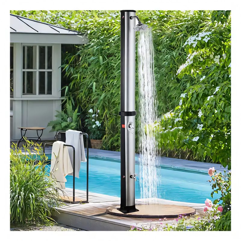 Dus solar de 35 Litri, pentru gradina si piscina, robinet pentru picioare, dus tip ploaie, PVC+ABS, Negru Nichel Mat, Cadiz
