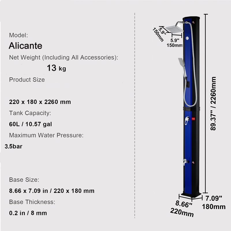 Dus solar de 60 Litri, dus de mana si termometru, dus tip ploaie, robinet pentru picioare, PVC+ABS, Albastru Negru, Alicante