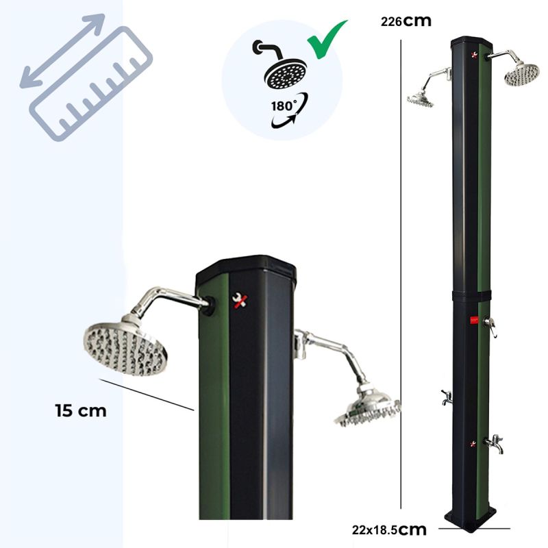 Dus solar dublu,  Negru-Verde, 60 Litri, pentru gradina si piscina, 2 dusuri tip ploaie, 2 dusuri pentru picior, Fresco