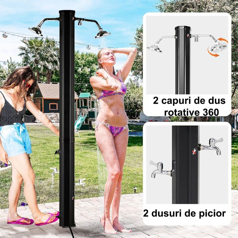 Dus solar dublu,  Negru-Verde, 60 Litri, pentru gradina si piscina, 2 dusuri tip ploaie, 2 dusuri pentru picior, Fresco