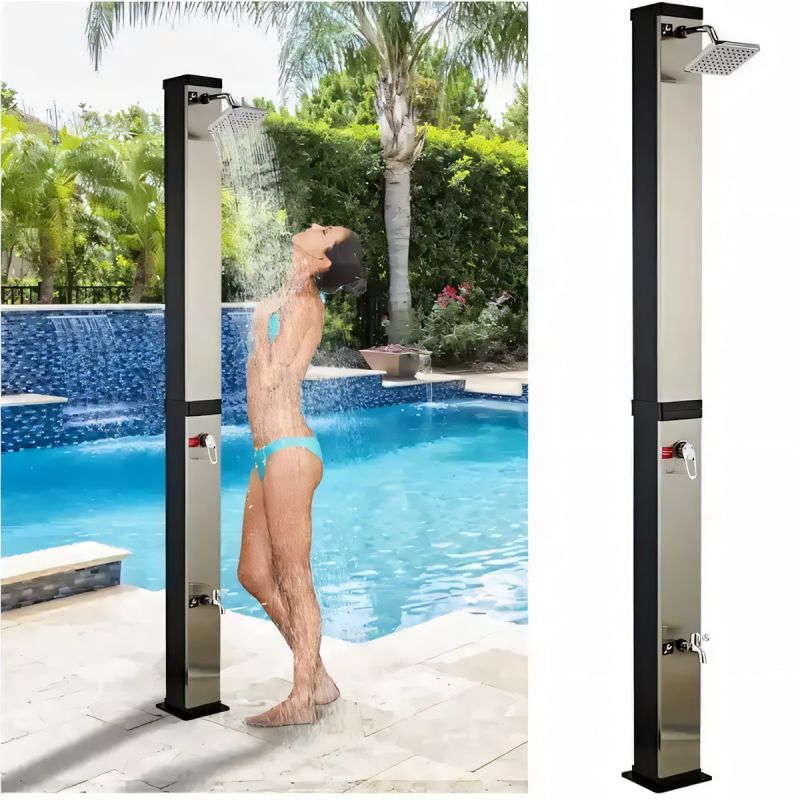 Dus solar, Negru-oglinda, 35 litri, gradina si piscina, dus tip ploaie 15 cm, Luce