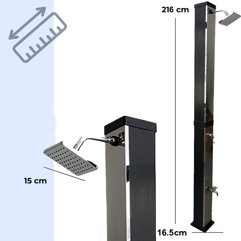 Dus solar, Negru-oglinda, 35 litri, gradina si piscina, dus tip ploaie 15 cm, Luce