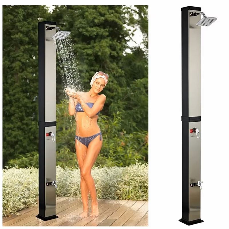 Dus solar, Negru-oglinda, 35 litri, gradina si piscina, dus tip ploaie 15 cm, Luce
