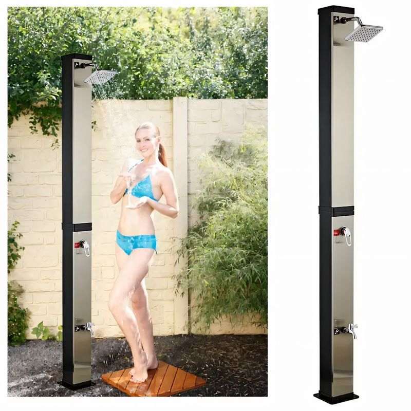 Dus solar, Negru-oglinda, 35 litri, gradina si piscina, dus tip ploaie 15 cm, Luce