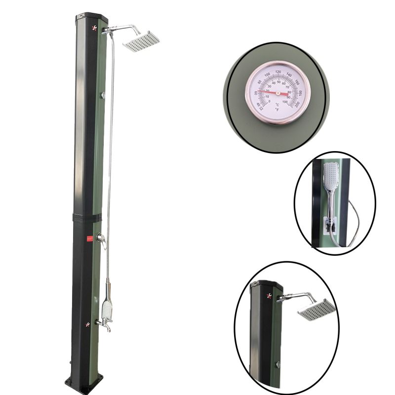 Dus solar, Verde Negru, PVC+ABS, 60 Litri, robinet pentru picioare, dus de mana, termometru, dus tip ploaie, Alicante