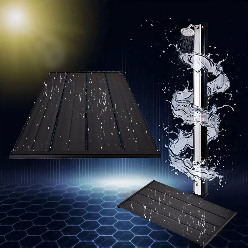 Dus solar, Verde Negru, PVC+ABS, 60 Litri, robinet pentru picioare, dus de mana, termometru, dus tip ploaie, Alicante