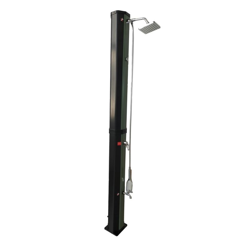 Dus solar, Verde Negru, PVC+ABS, 60 Litri, robinet pentru picioare, dus de mana, termometru, dus tip ploaie, Alicante