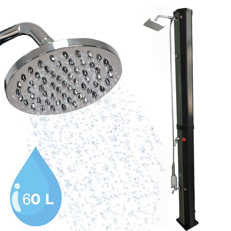Dus solar, Verde Negru, PVC+ABS, 60 Litri, robinet pentru picioare, dus de mana, termometru, dus tip ploaie, Alicante
