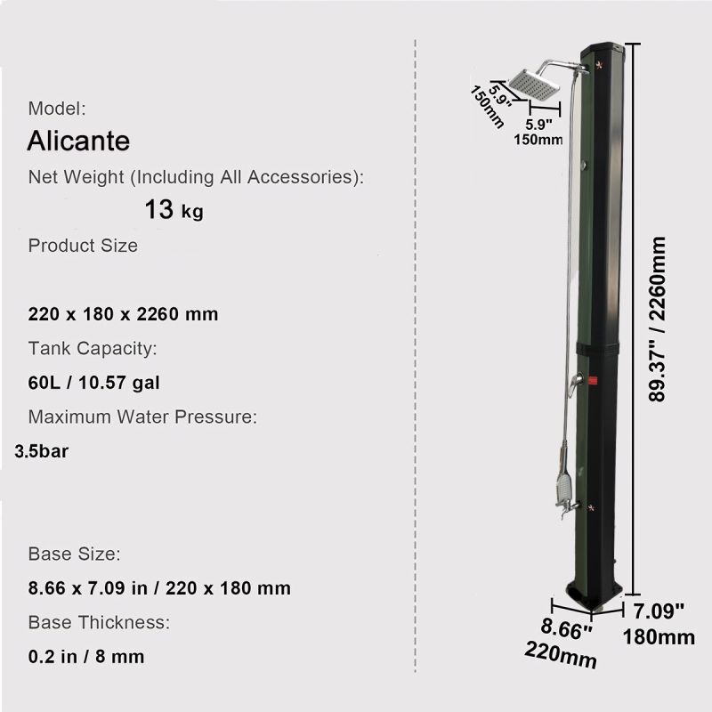 Dus solar, Verde Negru, PVC+ABS, 60 Litri, robinet pentru picioare, dus de mana, termometru, dus tip ploaie, Alicante