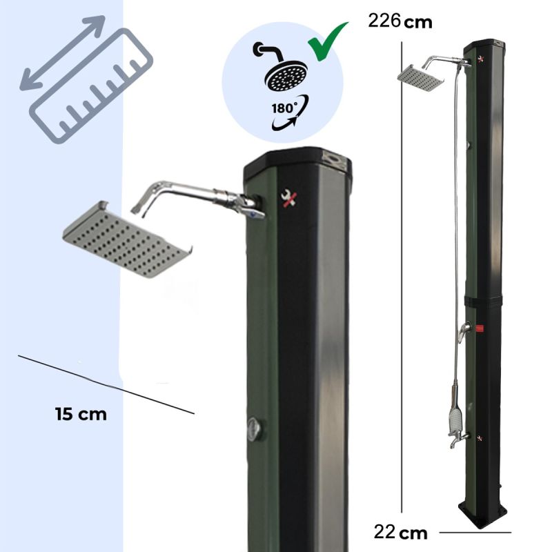 Dus solar, Verde Negru, PVC+ABS, 60 Litri, robinet pentru picioare, dus de mana, termometru, dus tip ploaie, Alicante