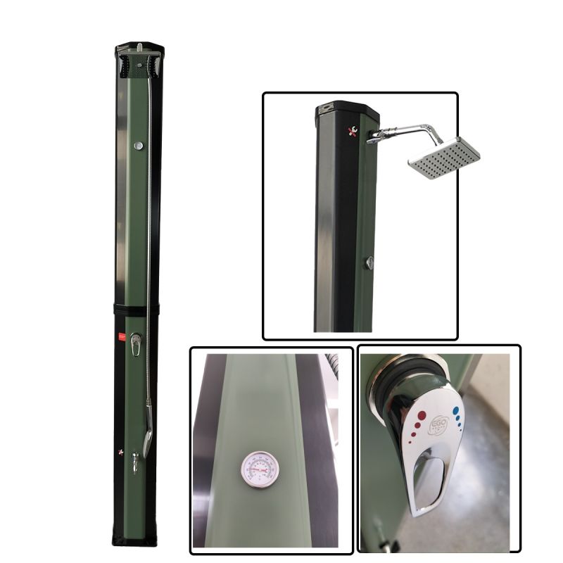 Dus solar, Verde Negru, PVC+ABS, 60 Litri, robinet pentru picioare, dus de mana, termometru, dus tip ploaie, Alicante