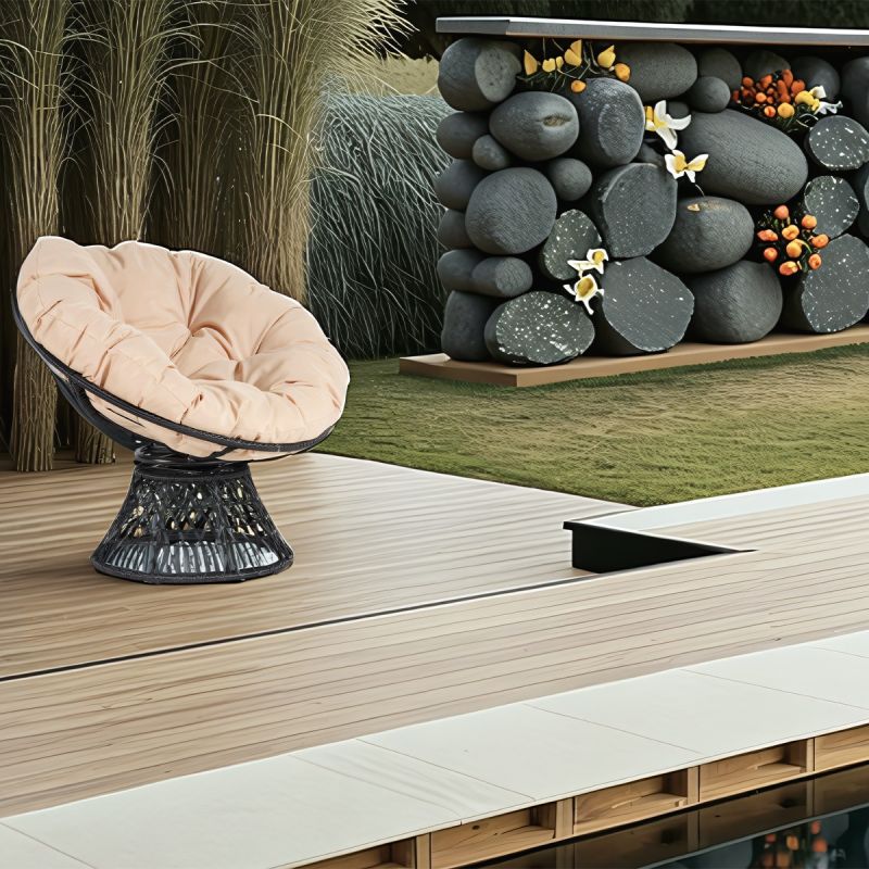 Fotoliu, terasa sau gradina, rotativ 360°, cadru otel, ratan, perna crem inclusa, Bamboo
