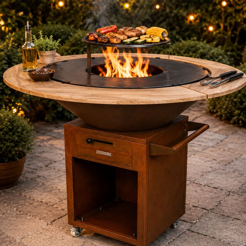 Gratar cu plita din fonta Aurelius, corten 2 mm, blat stejar, spatiu lemne, maner si roti pivotante, Ø100xH100 cm