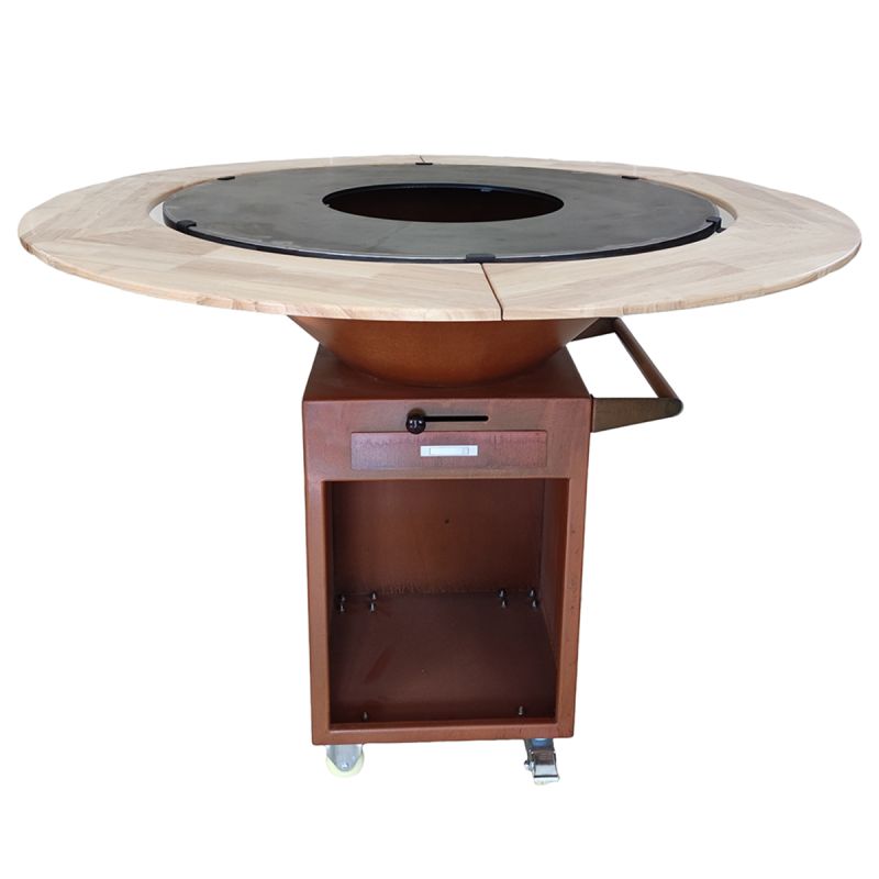Gratar cu plita din fonta Aurelius, corten 2 mm, blat stejar, spatiu lemne, maner si roti pivotante, Ø100xH100 cm