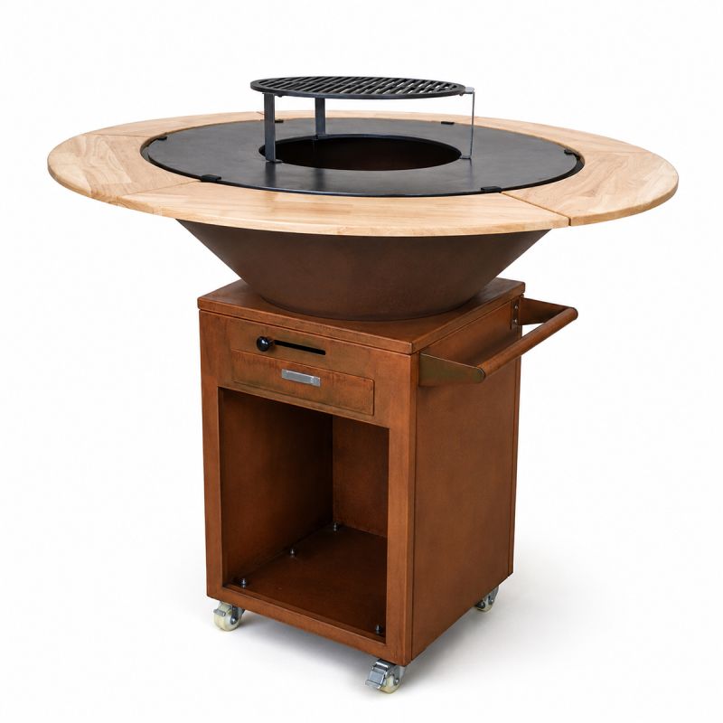 Gratar cu plita din fonta Aurelius, corten 2 mm, blat stejar, spatiu lemne, maner si roti pivotante, Ø100xH100 cm