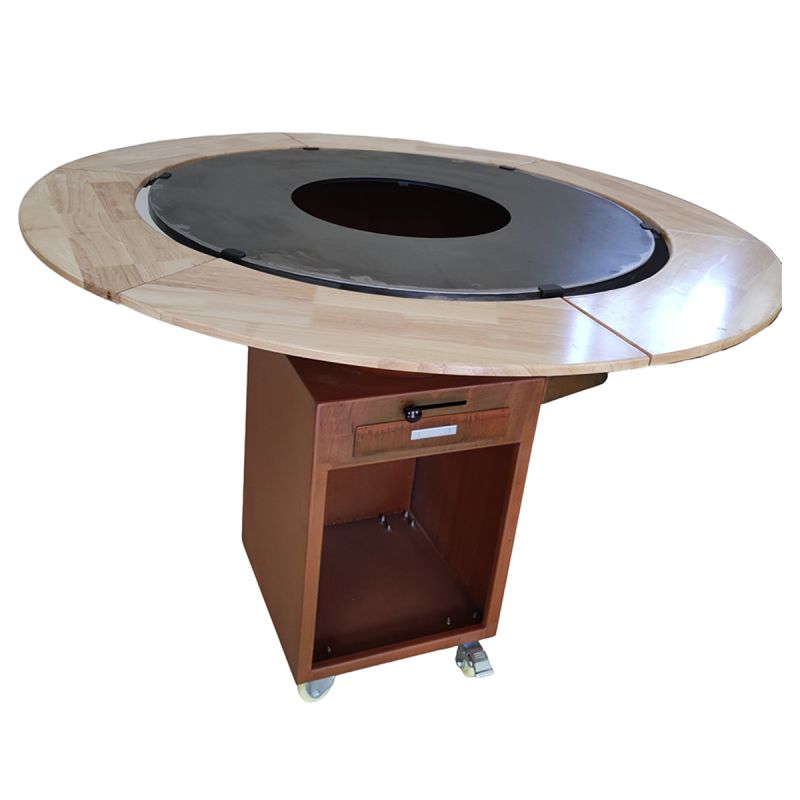 Gratar cu plita din fonta Aurelius, corten 2 mm, blat stejar, spatiu lemne, maner si roti pivotante, Ø100xH100 cm