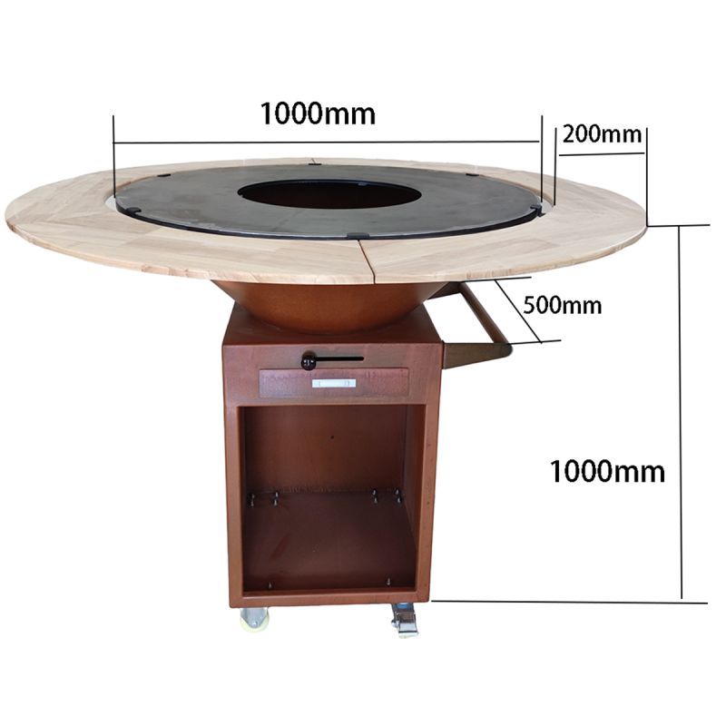 Gratar cu plita din fonta Aurelius, corten 2 mm, blat stejar, spatiu lemne, maner si roti pivotante, Ø100xH100 cm