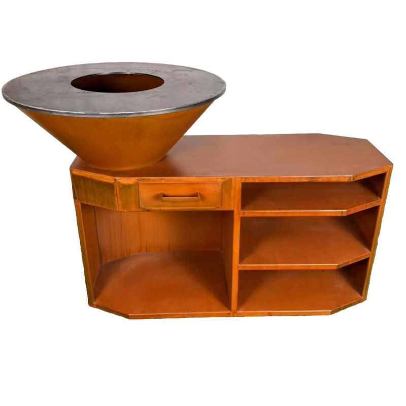 Gratar pe lemn, 3 rafturi, suport pentru lemne, cu plita mare din fonta, Ruginiu, otel corten , dia 85x130x100 cm, Solis