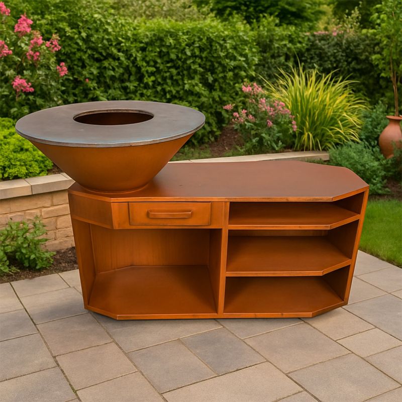 Gratar pe lemn, 3 rafturi, suport pentru lemne, cu plita mare din fonta, Ruginiu, otel corten , dia 85x130x100 cm, Solis
