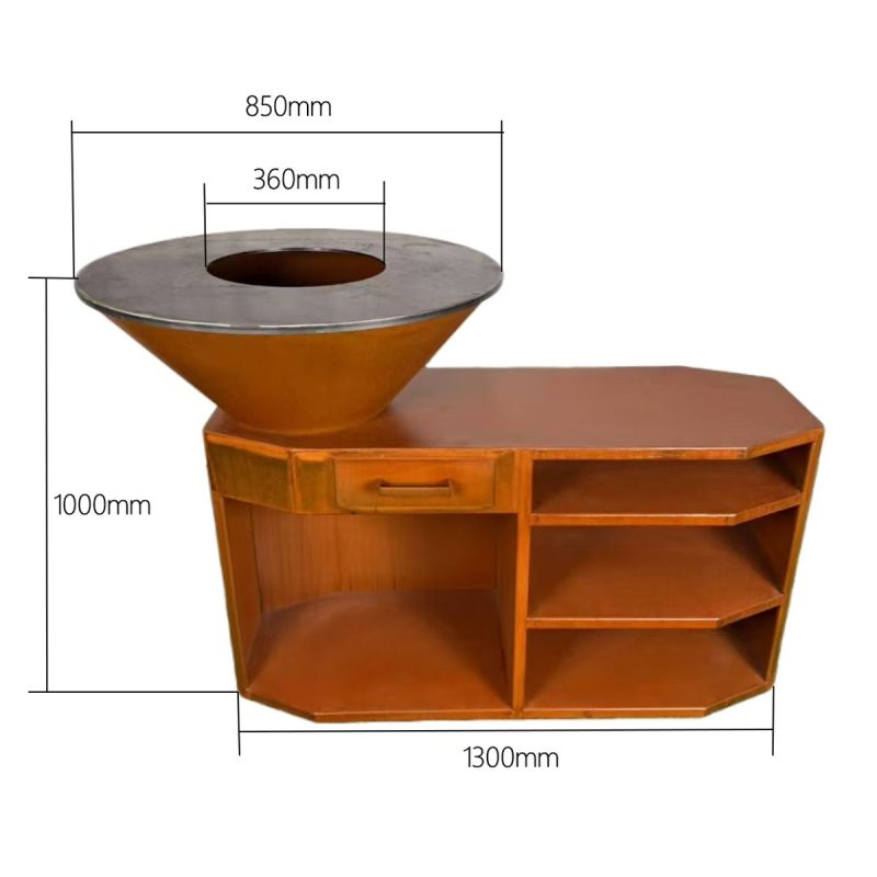 Gratar pe lemn, 3 rafturi, suport pentru lemne, cu plita mare din fonta, Ruginiu, otel corten , dia 85x130x100 cm, Solis