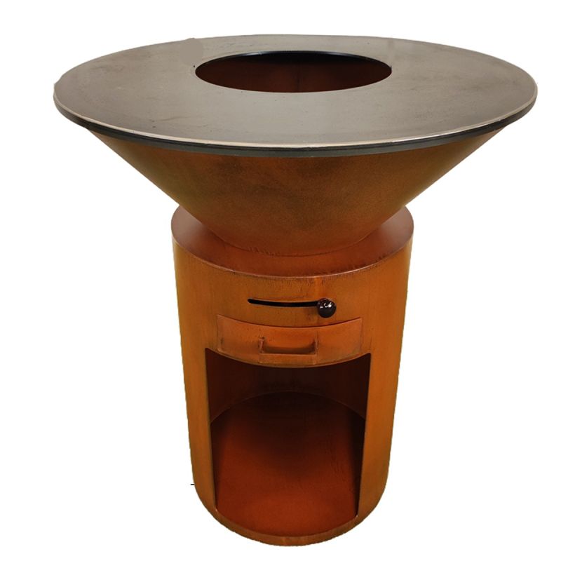 Gratar pe lemn cu plita mare din fonta, depozitare lemne, otel corten, diametru 100 sau 85 cm, Ruginiu, Infinity Glow
