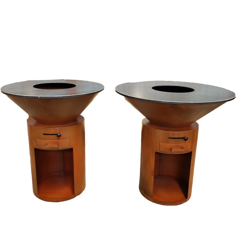 Gratar pe lemn cu plita mare din fonta, depozitare lemne, otel corten, diametru 100 sau 85 cm, Ruginiu, Infinity Glow