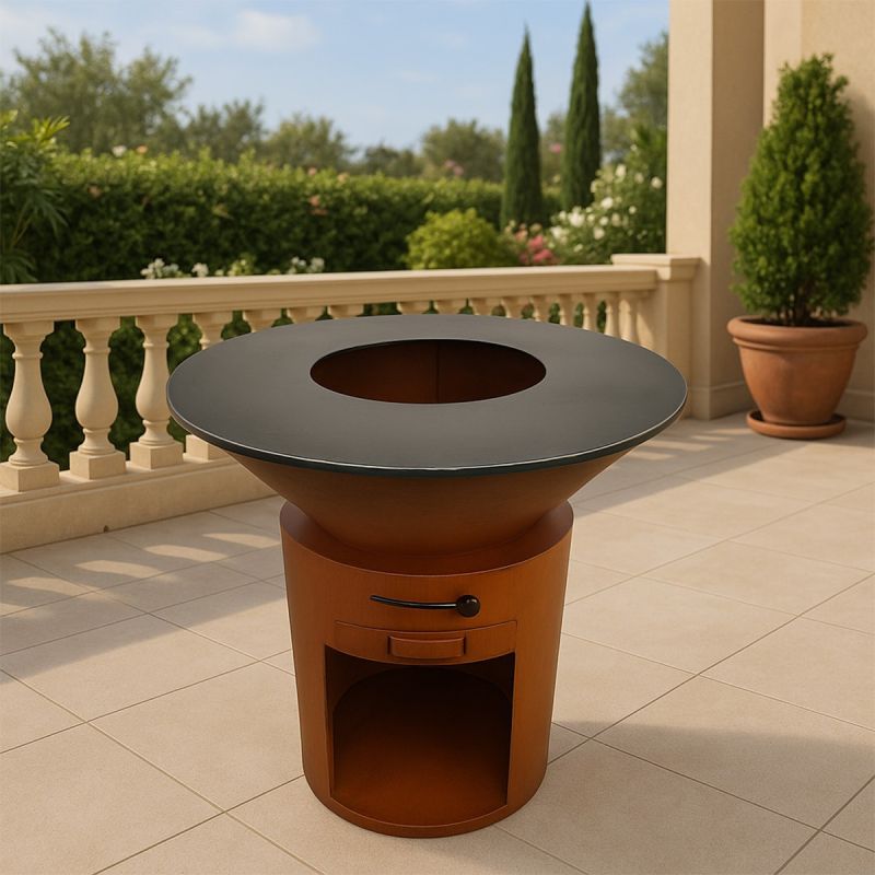 Gratar pe lemn cu plita mare din fonta, depozitare lemne, otel corten, diametru 100 sau 85 cm, Ruginiu, Infinity Glow