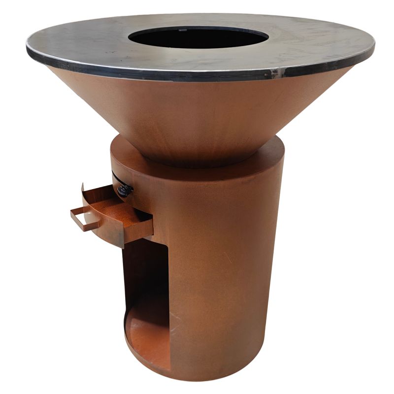 Gratar pe lemn cu plita mare din fonta, depozitare lemne, otel corten, diametru 100 sau 85 cm, Ruginiu, Infinity Glow