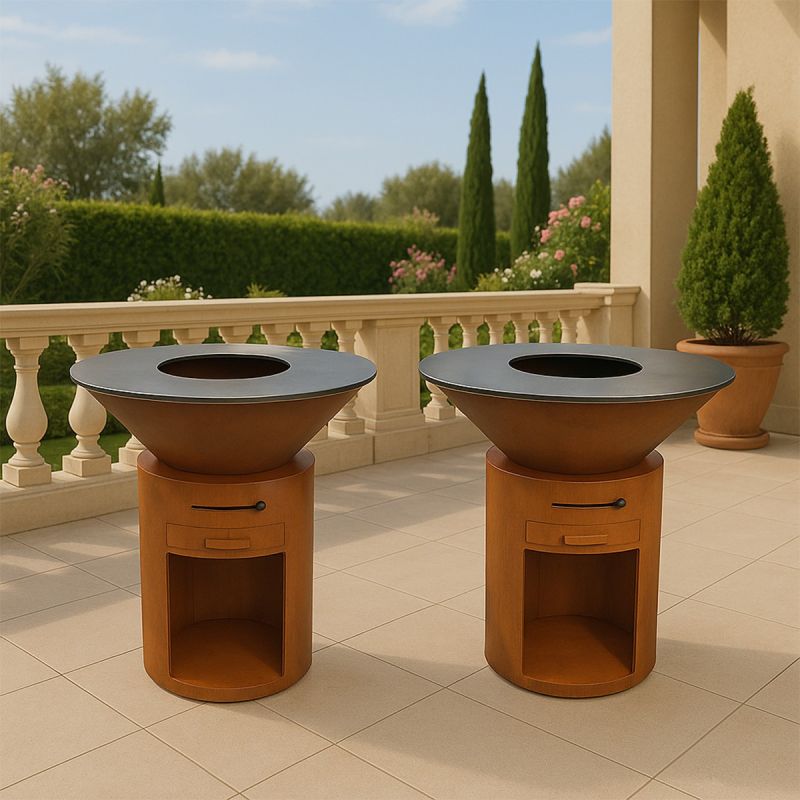 Gratar pe lemn cu plita mare din fonta, depozitare lemne, otel corten, diametru 100 sau 85 cm, Ruginiu, Infinity Glow