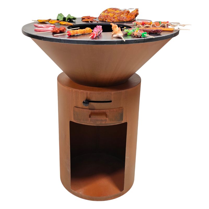 Gratar pe lemn cu plita mare din fonta, depozitare lemne, otel corten, diametru 100 sau 85 cm, Ruginiu, Infinity Glow