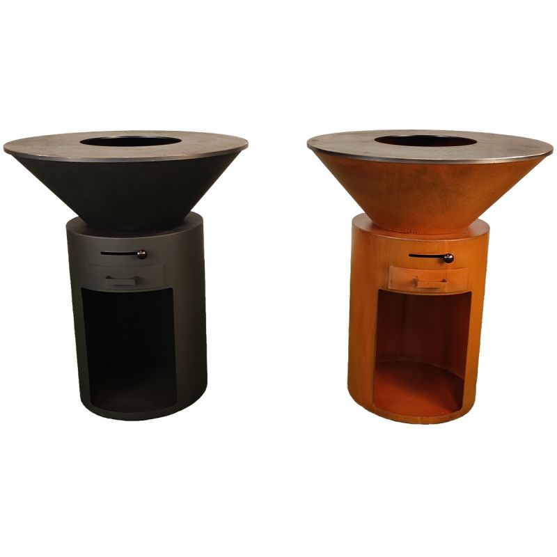 Gratar pe lemn cu plita mare din fonta, depozitare lemne, otel corten, diametru 100 sau 85 cm, Ruginiu, Infinity Glow