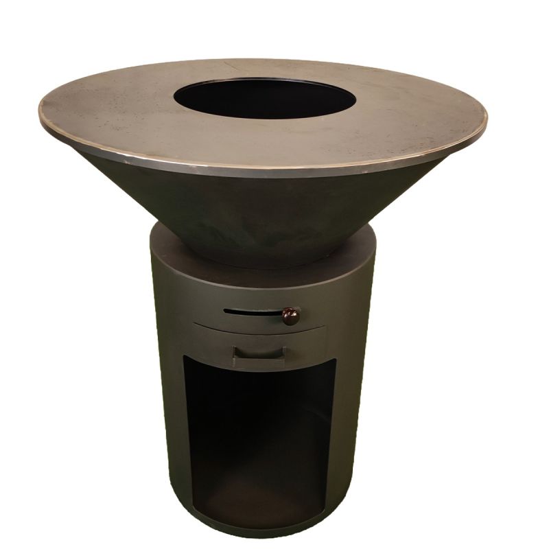 Gratar pe lemn cu plita mare din fonta, depozitare lemne, otel corten, diametru 100 sau 85 cm, Negru, Infinity Glow