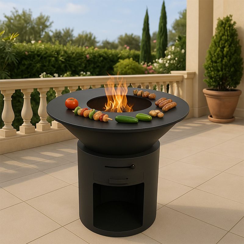Gratar pe lemn cu plita mare din fonta, depozitare lemne, otel corten, diametru 100 sau 85 cm, Negru, Infinity Glow